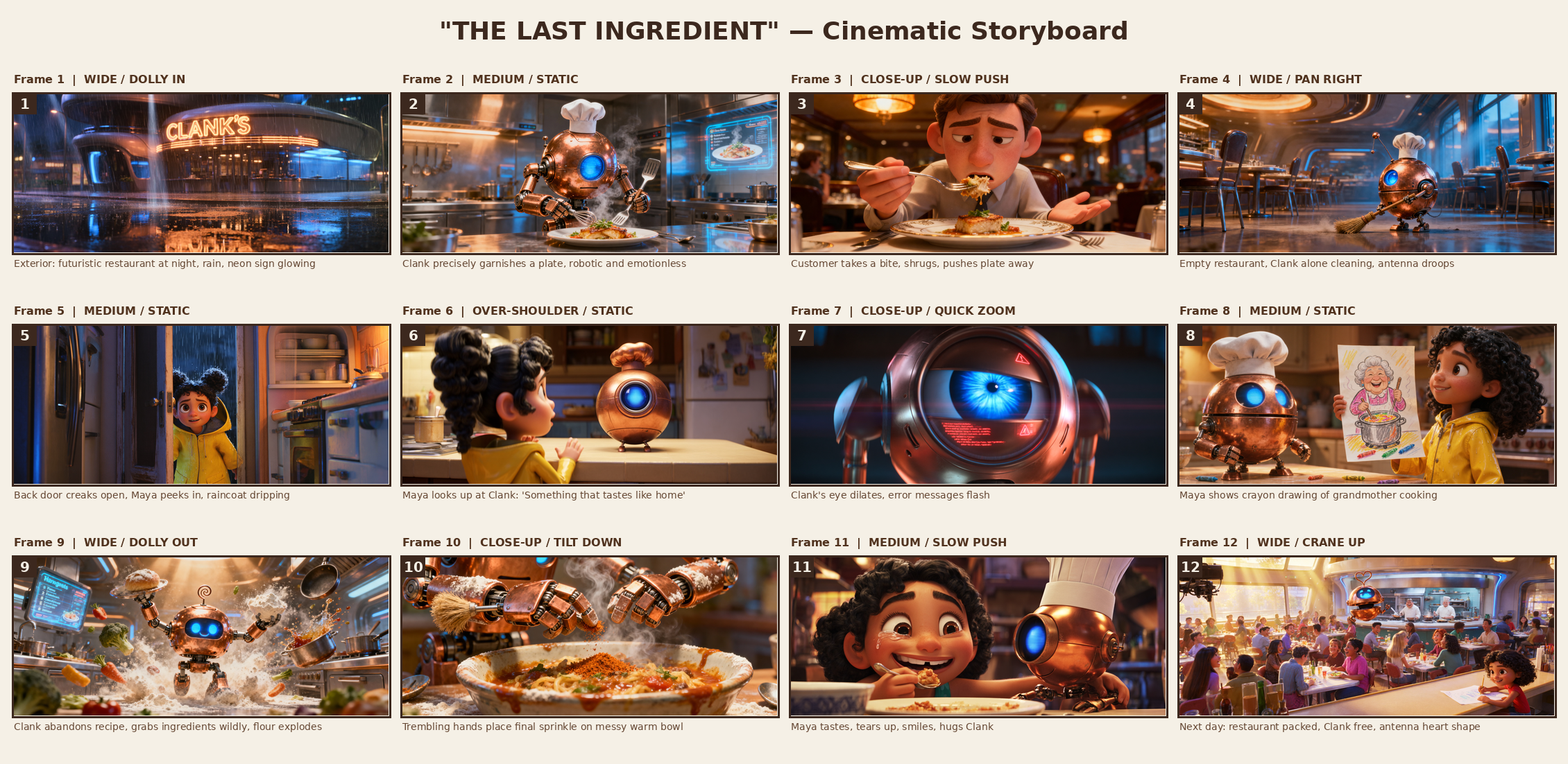 12-frame cinematic storyboard for The Last Ingredient